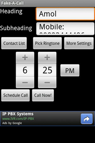アンドロイドの携帯電話やタブレット用のプログラムFake a call のスクリーンショット。
