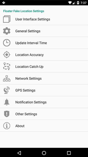 アンドロイドの携帯電話やタブレット用のプログラムFloater: Fake GPS location のスクリーンショット。