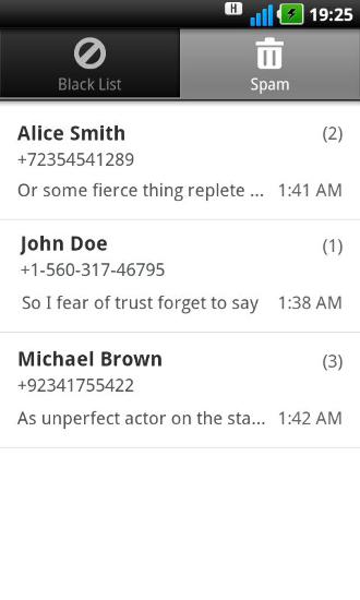 Capturas de tela do programa SMS Filter em celular ou tablete Android.