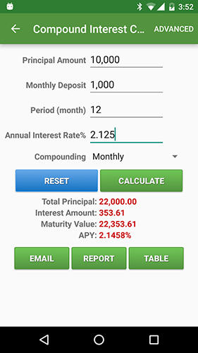 Les captures d'écran du programme Financial Calculators pour le portable ou la tablette Android.