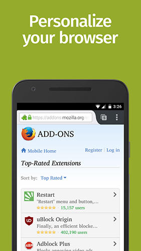 Screenshots of Mozilla Firefox program for Android phone or tablet.