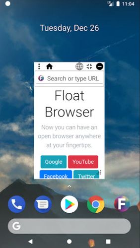 アンドロイドの携帯電話やタブレット用のプログラムFloat Browser のスクリーンショット。