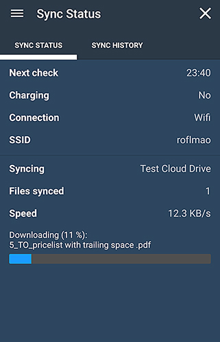Les captures d'écran du programme Folder sync pour le portable ou la tablette Android.