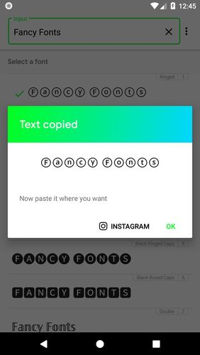 アンドロイドの携帯電話やタブレット用のプログラムFontify - Fonts for Instagram のスクリーンショット。