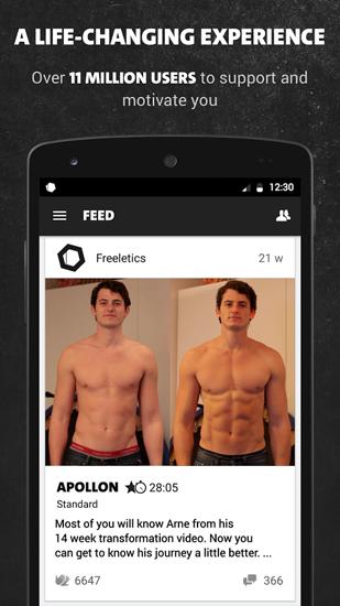 Capturas de pantalla del programa Freeletics Bodyweight para teléfono o tableta Android.