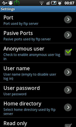 Les captures d'écran du programme FTP server pour le portable ou la tablette Android.