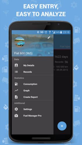 Capturas de pantalla del programa Fuel Manager para teléfono o tableta Android.