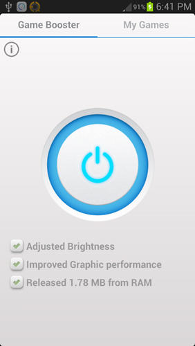 Les captures d'écran du programme Game Booster pour le portable ou la tablette Android.