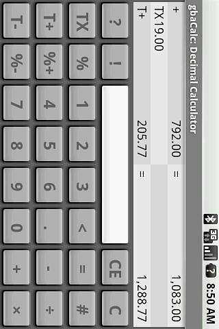 アンドロイドの携帯電話やタブレット用のプログラムGbacalc decimal calculator のスクリーンショット。
