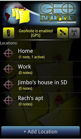 アンドロイドの携帯電話やタブレット用のプログラムGeo note のスクリーンショット。