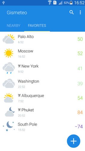 Screenshots of Gismeteo program for Android phone or tablet.