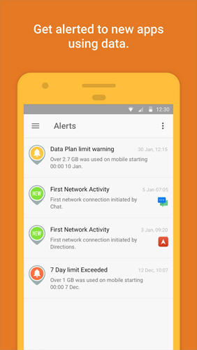 Screenshots of GlassWire: Data Usage Privacy program for Android phone or tablet.