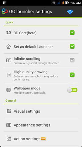 Capturas de tela do programa Go Launcher Ace em celular ou tablete Android.