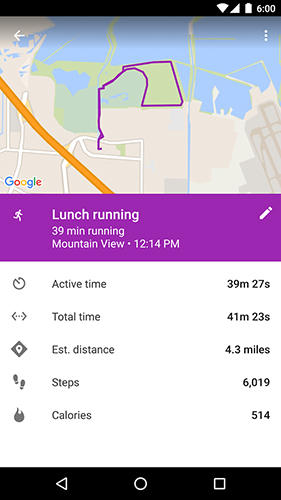 Screenshots of Google fit program for Android phone or tablet.