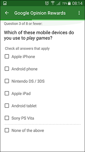 Capturas de pantalla del programa Google opinion rewards para teléfono o tableta Android.