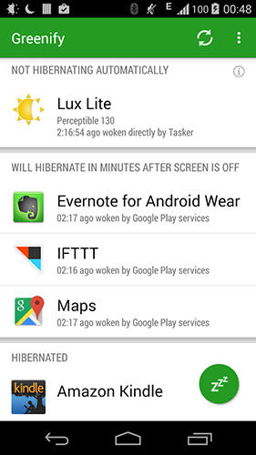 Capturas de tela do programa Greenify em celular ou tablete Android.