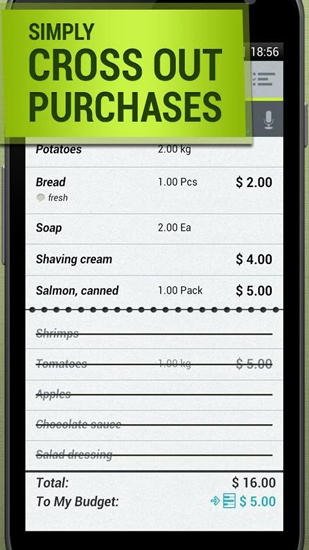 アンドロイドの携帯電話やタブレット用のプログラムGrocery: Shopping List のスクリーンショット。