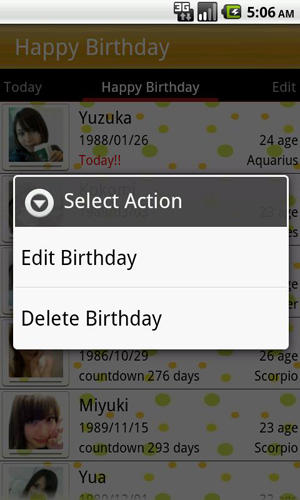 Screenshots des Programms Birthdays für Android-Smartphones oder Tablets.