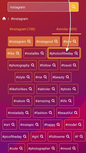Capturas de tela do programa Hashtag inspector - Instagram hashtag generator em celular ou tablete Android.