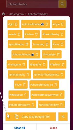Скріншот додатки Hashtag inspector - Instagram hashtag generator для Андроїд. Робочий процес.