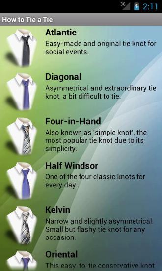 Capturas de pantalla del programa How to Tie a Tie para teléfono o tableta Android.