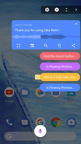 Les captures d'écran du programme Idea note - Voice note, floating note, idea pill pour le portable ou la tablette Android.