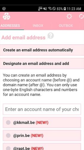 Les captures d'écran du programme Instant email address - Multipurpose free email pour le portable ou la tablette Android.