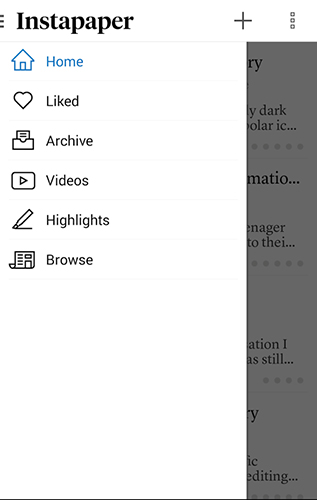 Screenshots of Instapaper program for Android phone or tablet.