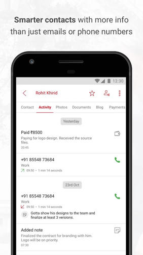 Screenshots des Programms InTouchApp: Contacts für Android-Smartphones oder Tablets.