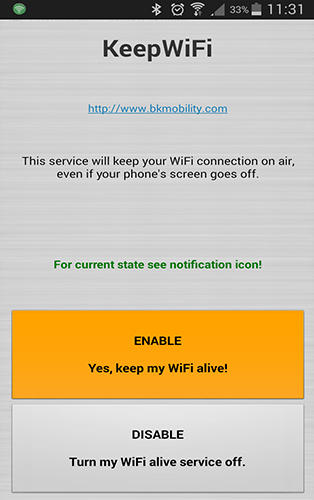 Screenshots of Keep WiFi program for Android phone or tablet.