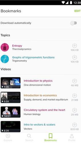 Screenshots of Khan academy program for Android phone or tablet.