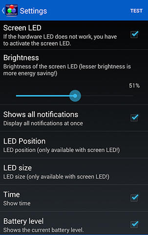 Capturas de tela do programa LED blinker em celular ou tablete Android.