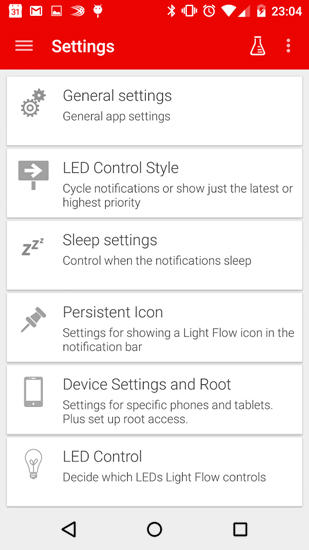 Les captures d'écran du programme Light Flow pour le portable ou la tablette Android.