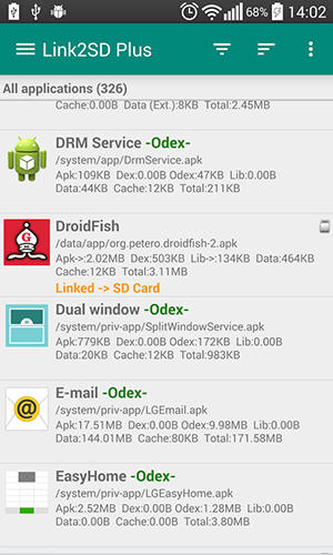 Les captures d'écran du programme Link2SD pour le portable ou la tablette Android.