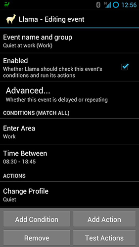 Les captures d'écran du programme Llama: Location profiles pour le portable ou la tablette Android.