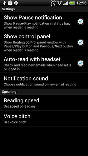 Les captures d'écran du programme Mail reader pour le portable ou la tablette Android.
