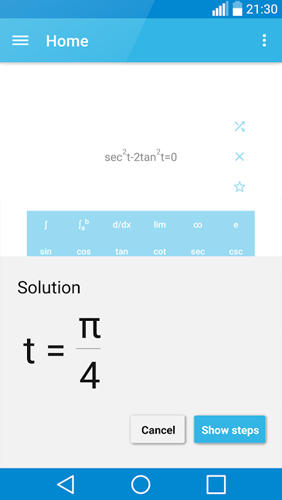 アンドロイドの携帯電話やタブレット用のプログラムMalMath: Step By Step Solver のスクリーンショット。
