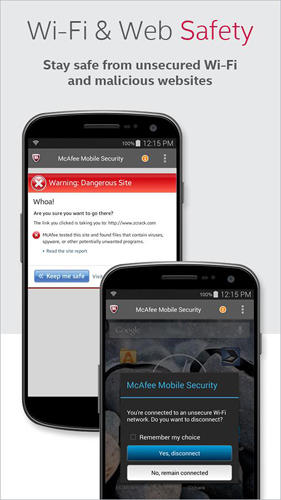Screenshots of McAfee: Mobile security program for Android phone or tablet.