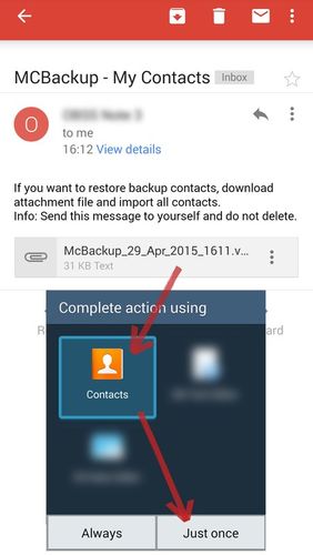 Скріншот додатки MCBackup - My Contacts Backup для Андроїд. Робочий процес.