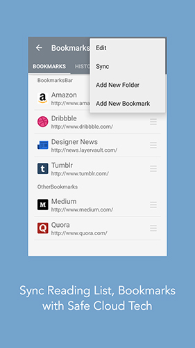 Les captures d'écran du programme Mercury browser pour le portable ou la tablette Android.