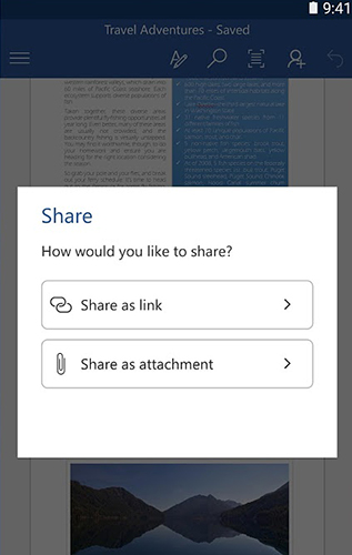 Les captures d'écran du programme Microsoft word pour le portable ou la tablette Android.