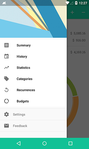 Screenshots of Monas: Expense manager program for Android phone or tablet.