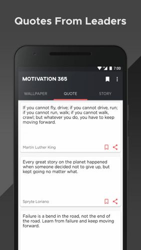 Screenshots of Motivation 365 program for Android phone or tablet.