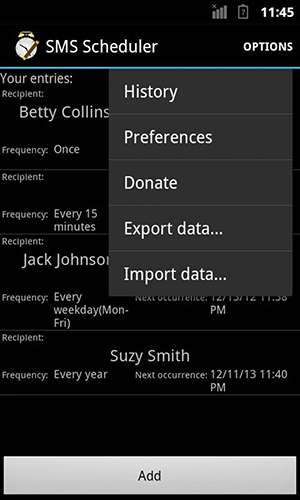 Capturas de tela do programa Sms scheduler em celular ou tablete Android.