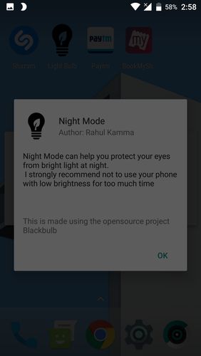 Screenshots of Night mode program for Android phone or tablet.