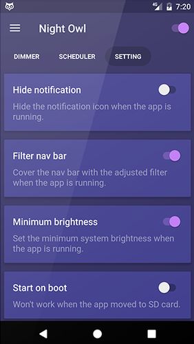 Скріншот додатки Night owl - Screen dimmer & night mode для Андроїд. Робочий процес.