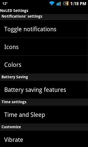 Les captures d'écran du programme No LED pour le portable ou la tablette Android.