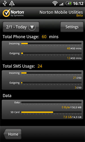 Screenshots des Programms Norton mobile utilities beta für Android-Smartphones oder Tablets.