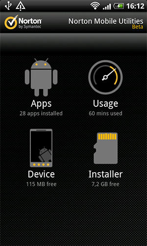 アンドロイドの携帯電話やタブレット用のプログラムNorton mobile utilities beta のスクリーンショット。