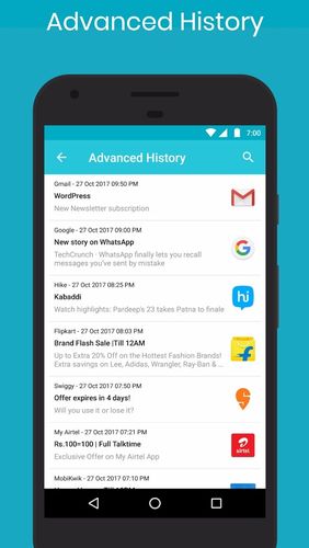 Screenshots of Notification history log program for Android phone or tablet.
